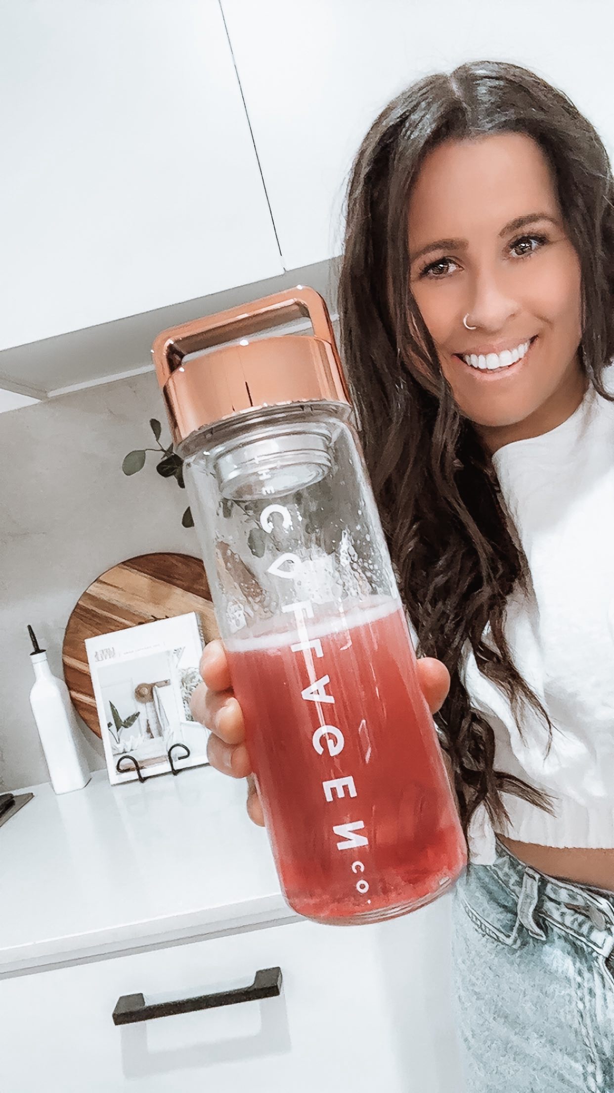 Instagram post by @rom.louise for The Collagen. Caption reads: The Collagen Co’s strawberry kiwi flavour each and....