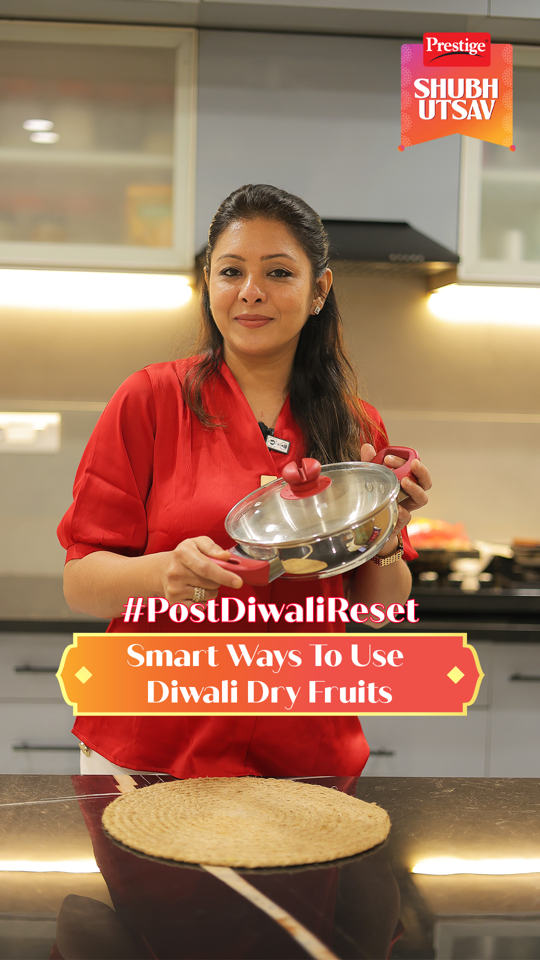 Instagram post by @nutritionisthetalchheda for TTK Prestige. Caption reads: Diwali ke baad, kitchen dry fruits se bhar gaya?....