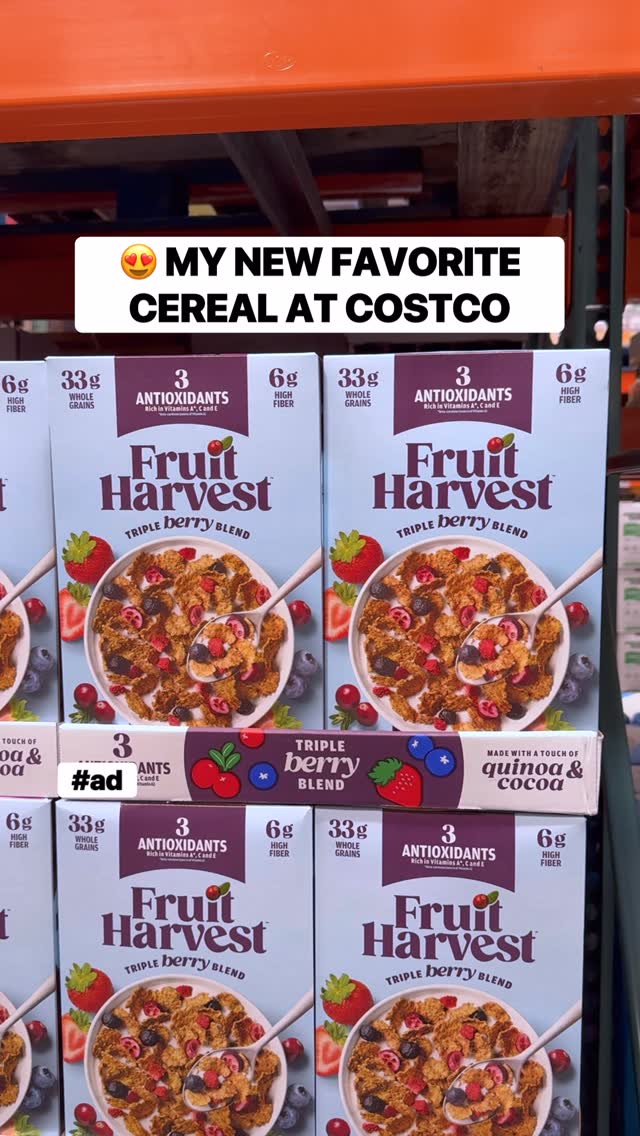 Instagram post by @costcobuys for Kellogg's. Caption reads: #AD 😍 @KelloggsUS Fruit Harvest Cereal is NEW and....