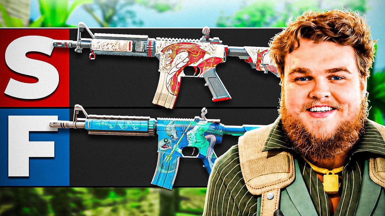 YouTube post by @Fozzii_FPS for Skin.Club. Caption reads: The ULTIMATE CS2 M4A4 Tier List (2026).