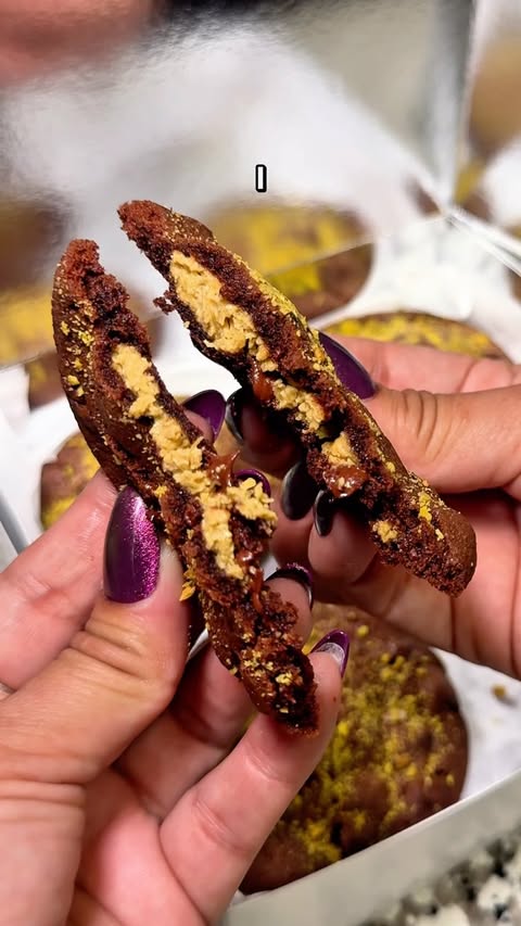 Instagram post by @neeneatshouston for Tiff's Treats. Caption reads: [...] the Dubai Chocolate Cookie is BACK at....