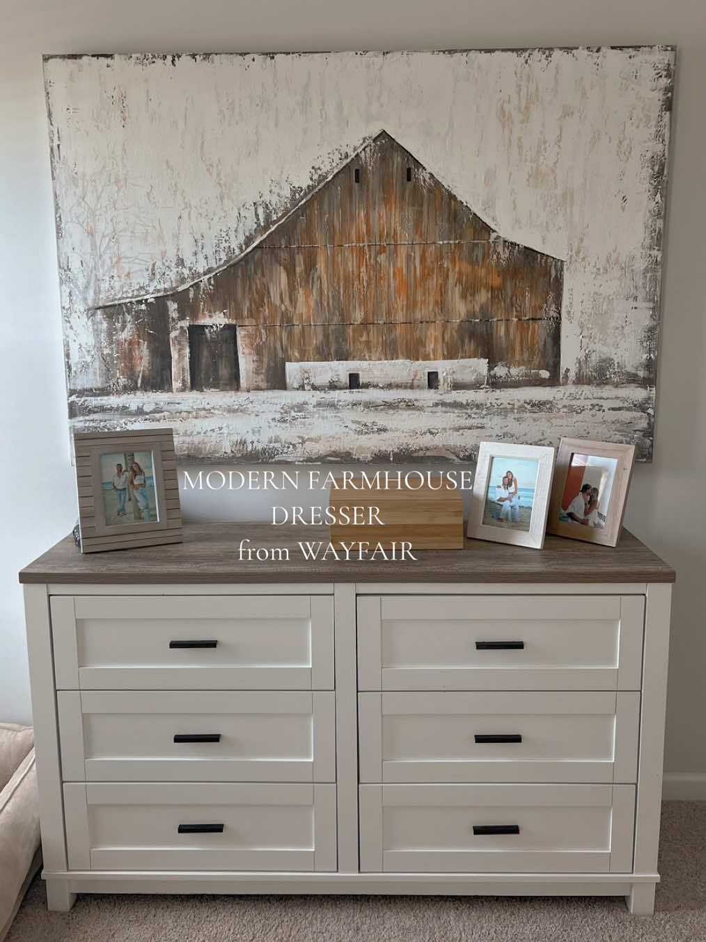 TikTok post by @jenn_dunning for Wayfair. Caption reads: Absolutely love our Modern Farmhouse style dresser....