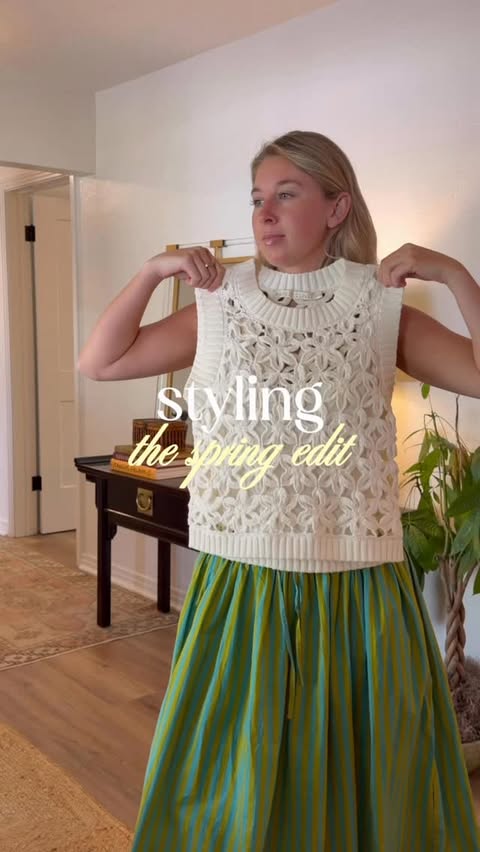 Instagram post by @meredithwyche for INK+ALLOY. Caption reads: [...] striped skirt and colorful jewels from....