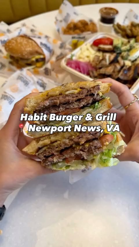Instagram post by @noraeatsgood for The Habit Burger Grill. Caption reads: 📍 Newport News, VA | Habit Burger & Grill 🚘....