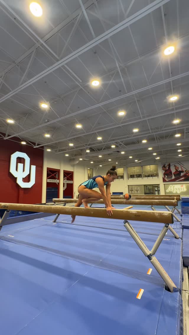 Instagram post by @addisonfatta for GK Elite. Caption reads: Sneak peak of my new beam choreo:) NEW beam....
