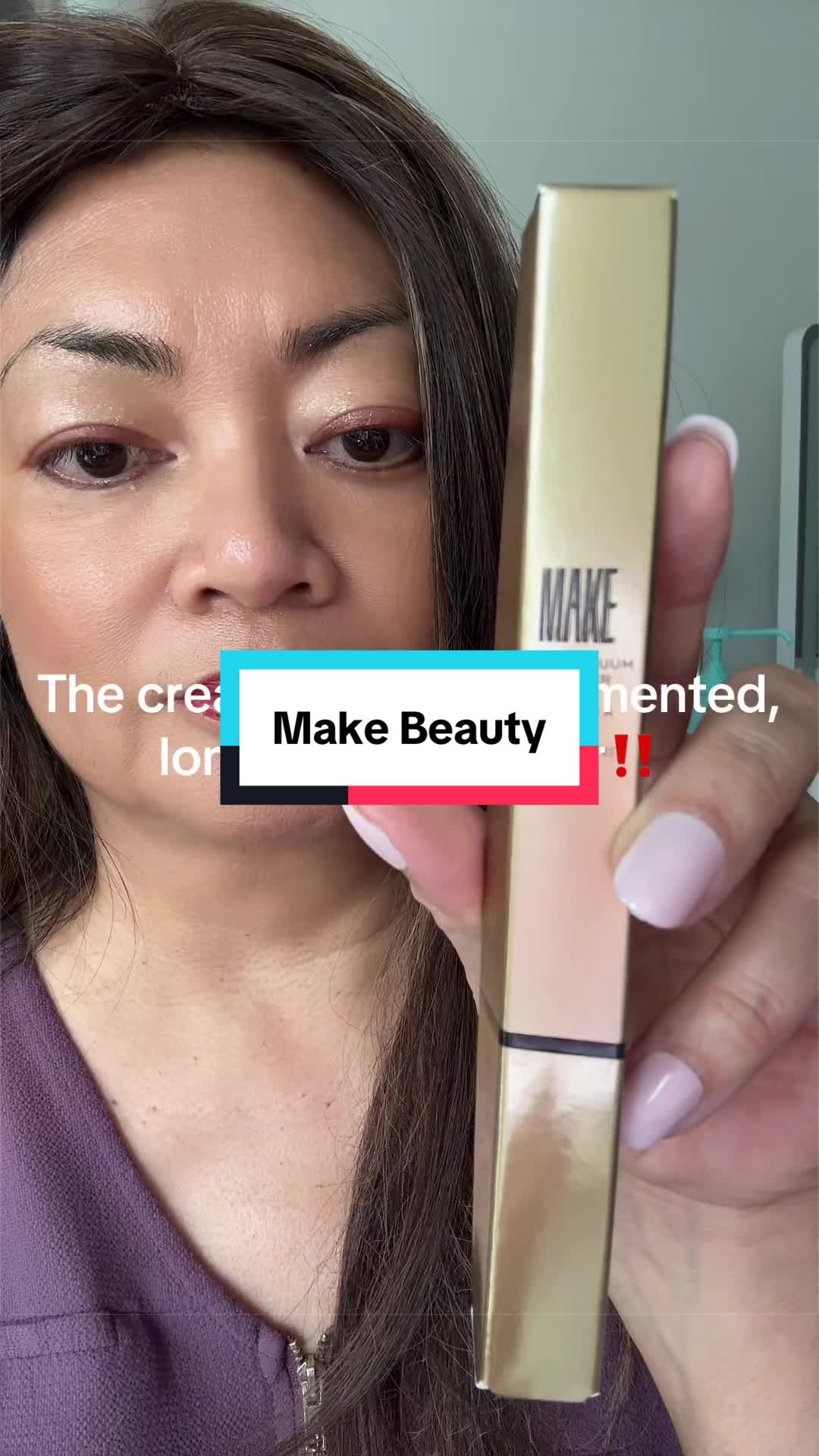 TikTok post by @sharonskincontent for MAKE Beauty. Caption reads: [...] so creamy, so pigmented. @Shop MAKE Beauty....