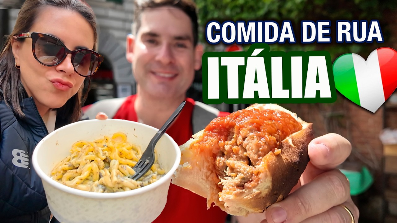 YouTube post by @CanaldosCaçadores for Hotels.com. Caption reads: A Full Day of Street Food in Italy | ROME.