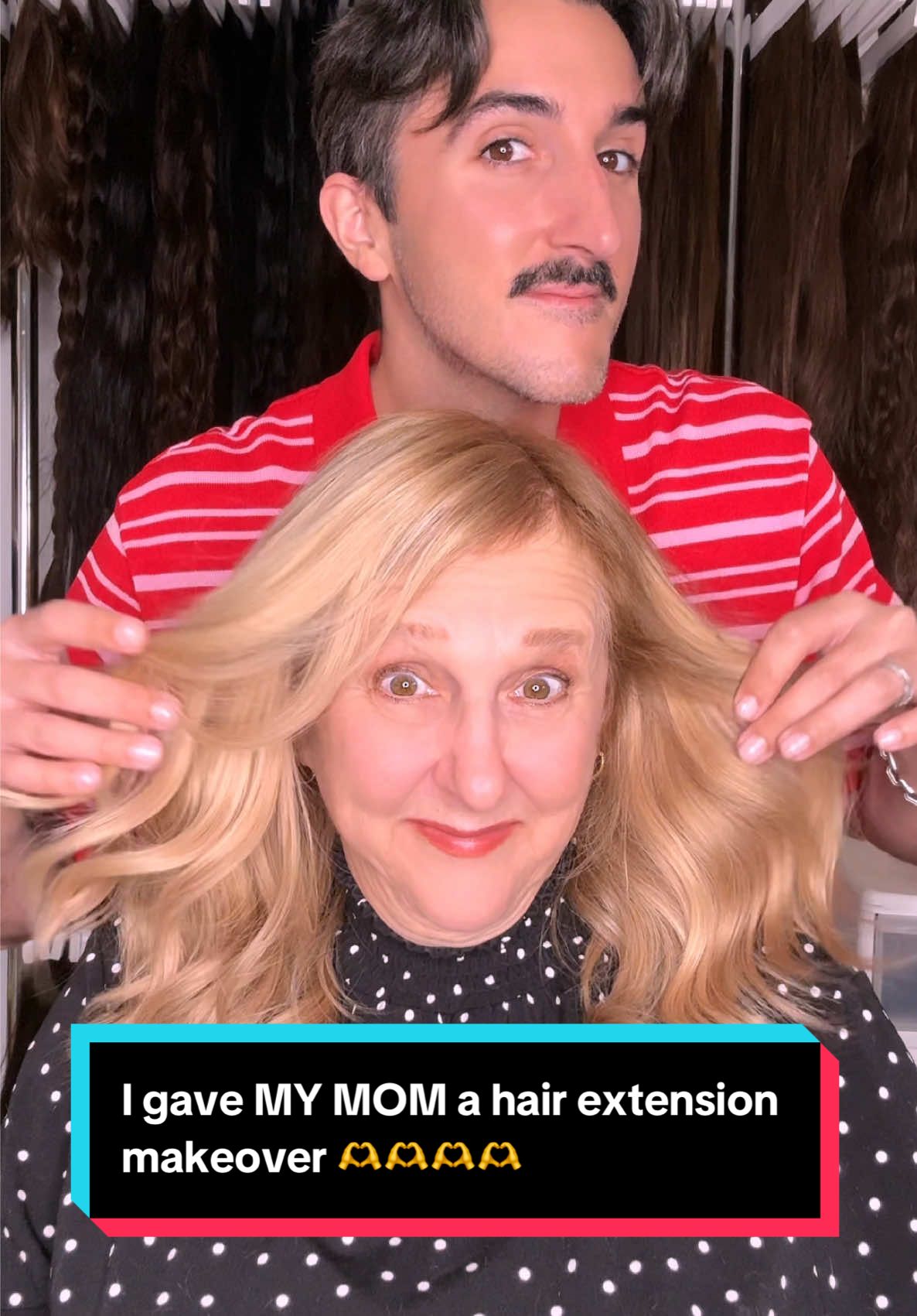 TikTok post by @itsclaytonhawkins for Donna Bella Hair. Caption reads: I gave my mom a @Donna Bella Hair extension....