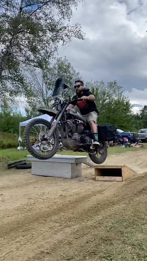 Instagram post by @chicken_fried_choppers for Biltwell. Caption reads: @badfishkustoms making that mini bike jump look....