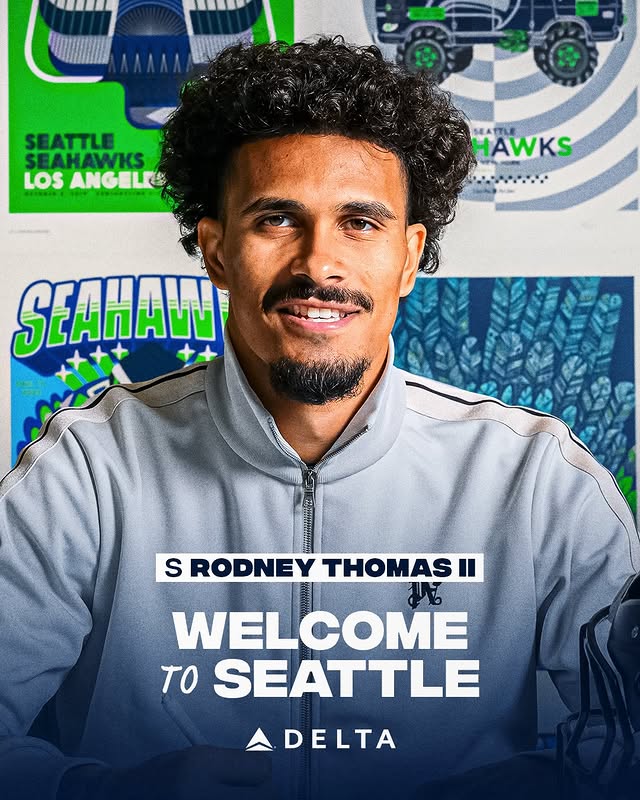 Instagram post by @rodney_thomas26 for Delta Air Lines. Caption reads: Welcome to Seattle, Rodney. #GoHawks x @delta.