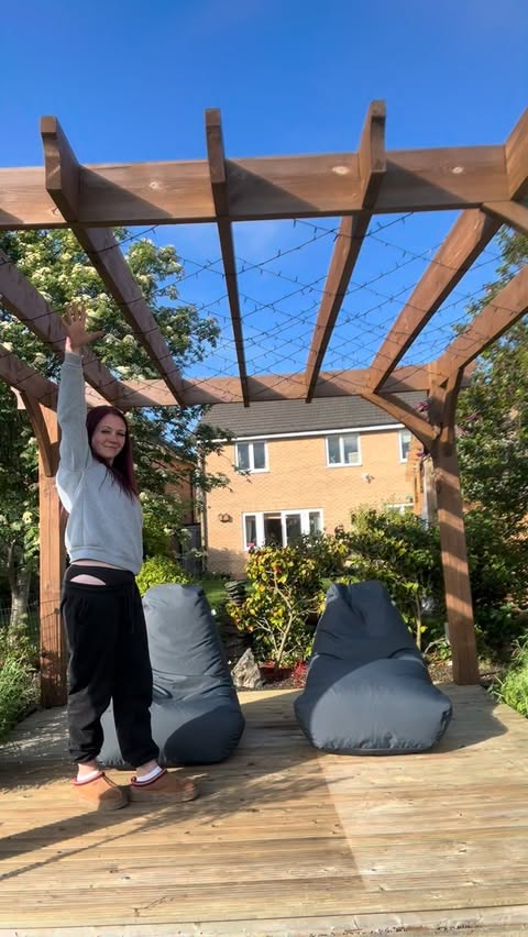 Instagram post by @the_vale_home for rucomfy beanbags. Caption reads: Ad l Before and after with @rucomfy My pergola was....