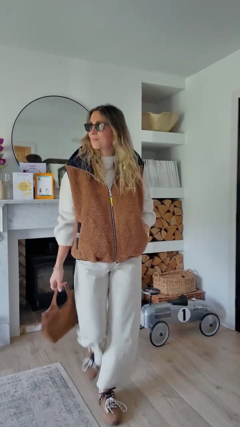 Instagram post by @prunella_poppy for Vivi Mari. Caption reads: Two moods. One gilet. 🔄 Flip it, switch it, style....