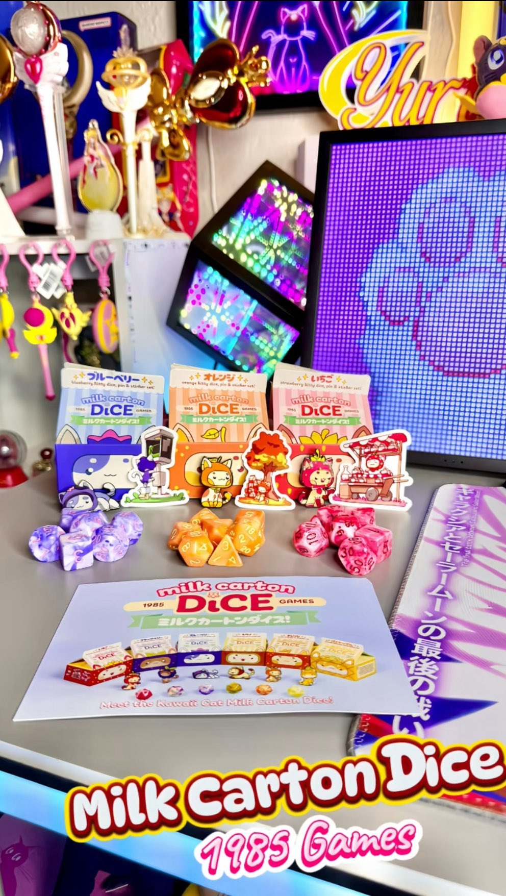 Instagram post by @sailor__yuri for 1985 Games. Caption reads: [...] Dices, Pins & Sticker! Thank you @1985games....