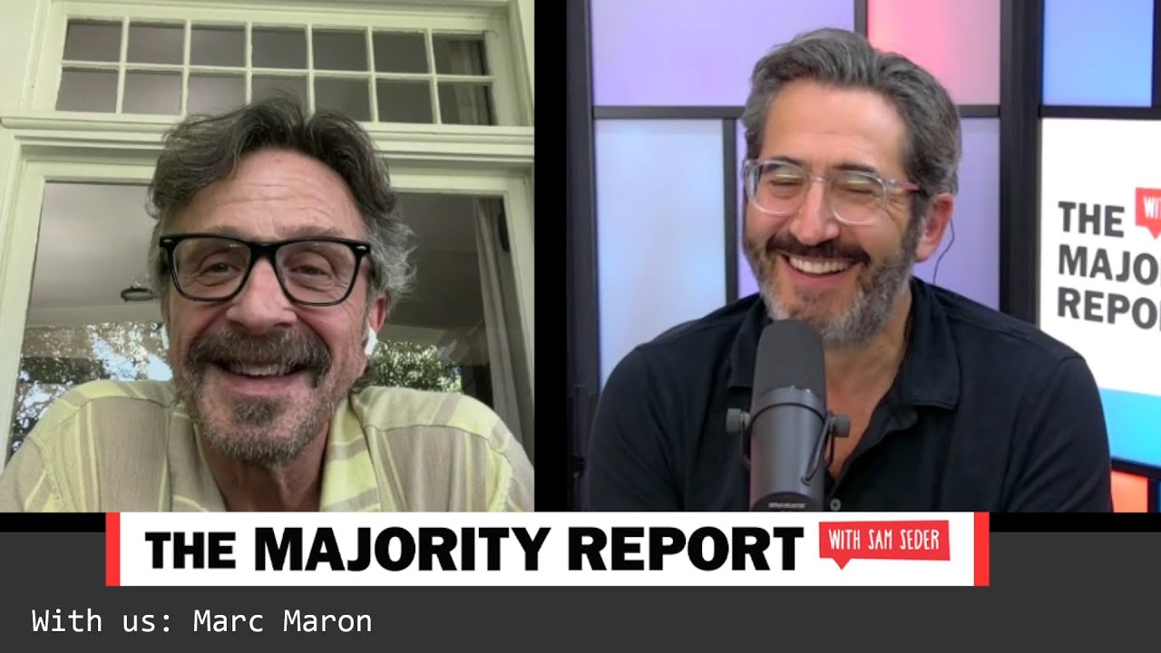 YouTube post by @TheMajorityReport for Penguin Random House. Caption reads: Justifying Democracy w/ Osita Nwanevu, Marc Maron....