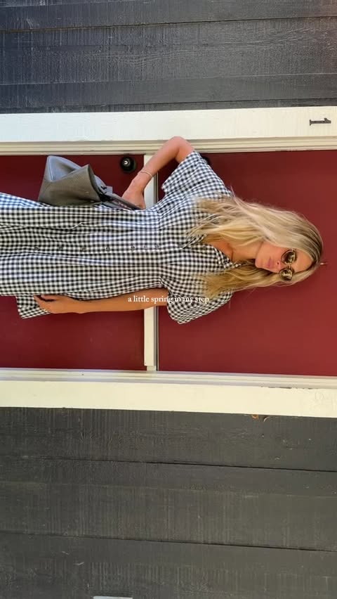 Instagram post by @cortezhelene for Marine Layer. Caption reads: [...] welcoming spring in gingham 🤍 @marinelayer....