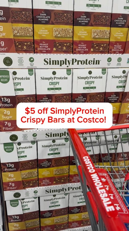 Instagram post by @costcoguide for SimplyProtein. Caption reads: For a Limited Time Only, save $5 off....