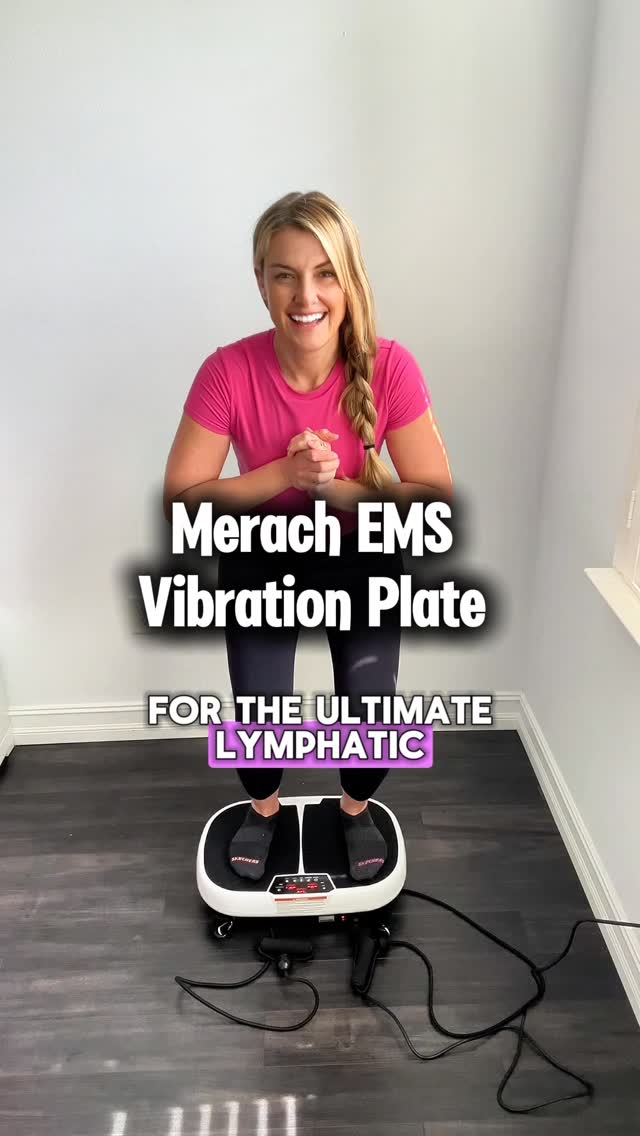 Instagram post by @our.peachy.home for Merach. Caption reads: MERACH EMS Vibration Plate: My Daily Wellness Hack....