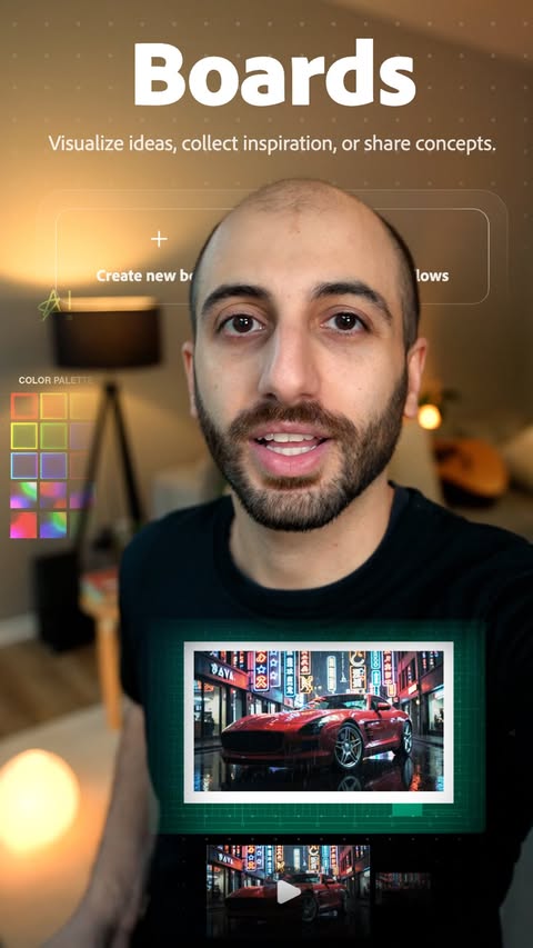 Instagram post by @justinodisho for Adobe Live Community. Caption reads: This is Adobe Firefly Boards, an all-in-one place....