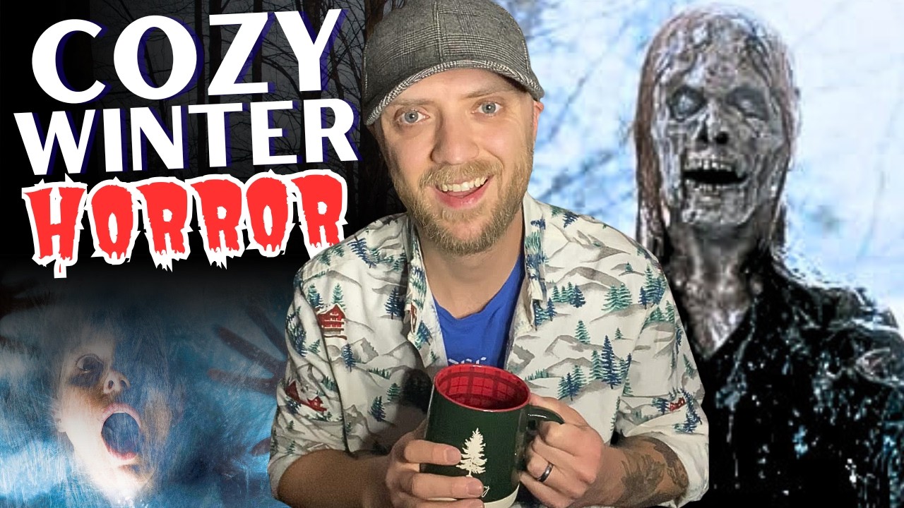 YouTube post by @cobwebschannel for TeePublic. Caption reads: 10 Cozy Winter HORROR Movies for Cold, Snowy....