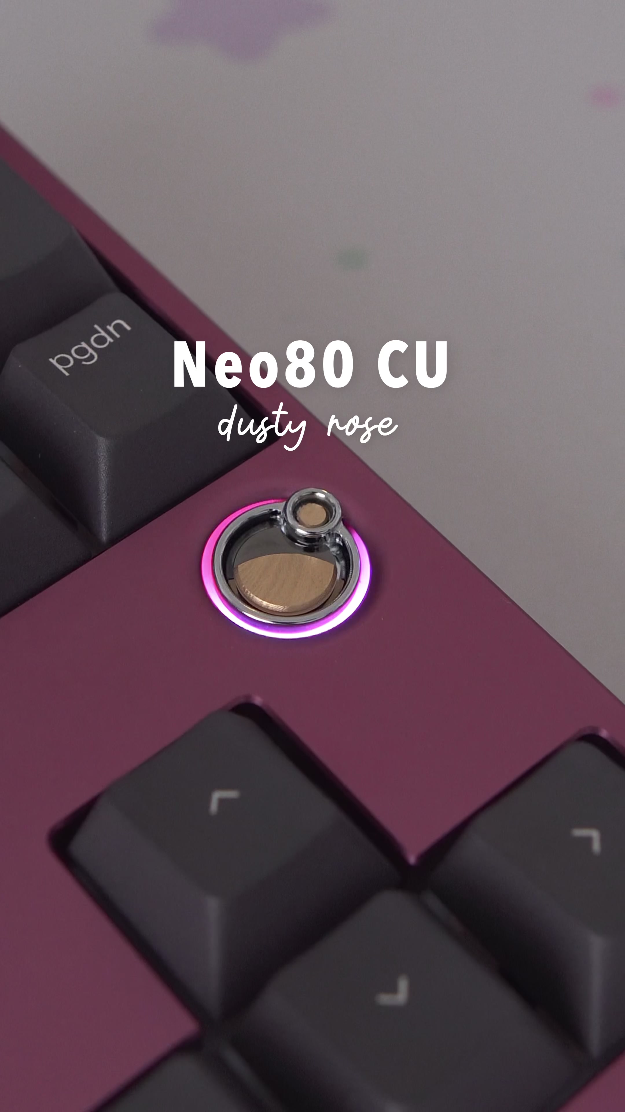 TikTok post by @rice.cloud for Unikeyboards. Caption reads: Dusty Rose Neo80 Cu - that thing is a brick  Neo....
