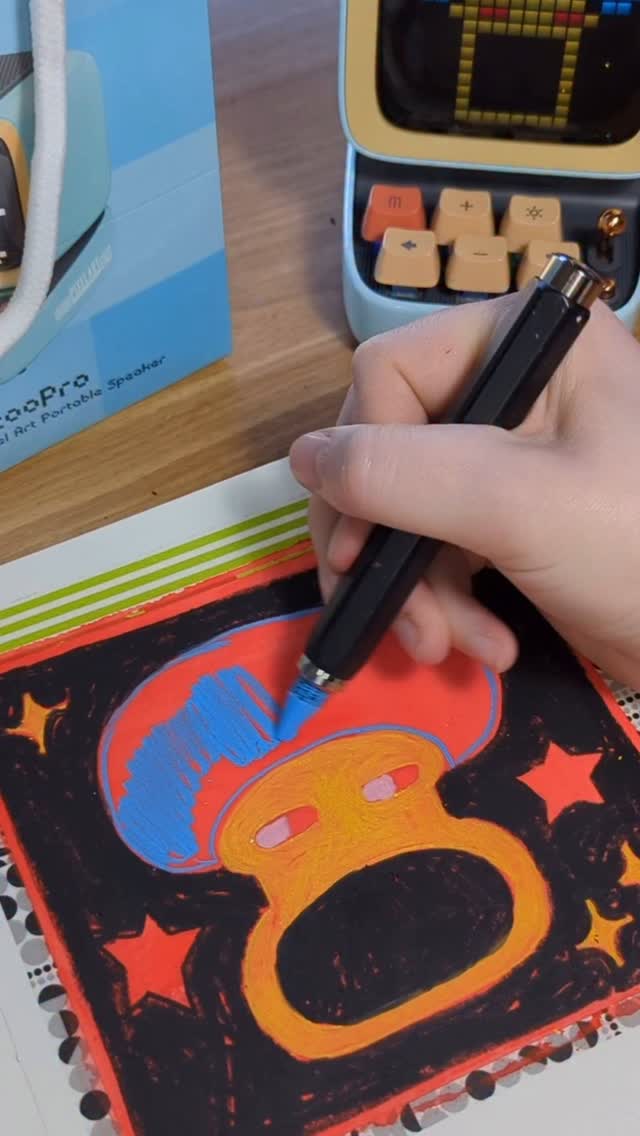 Instagram post by @phoebe.illustration for Divoom. Caption reads: Drawing the cute mushroom from my new Ditoo Pro....