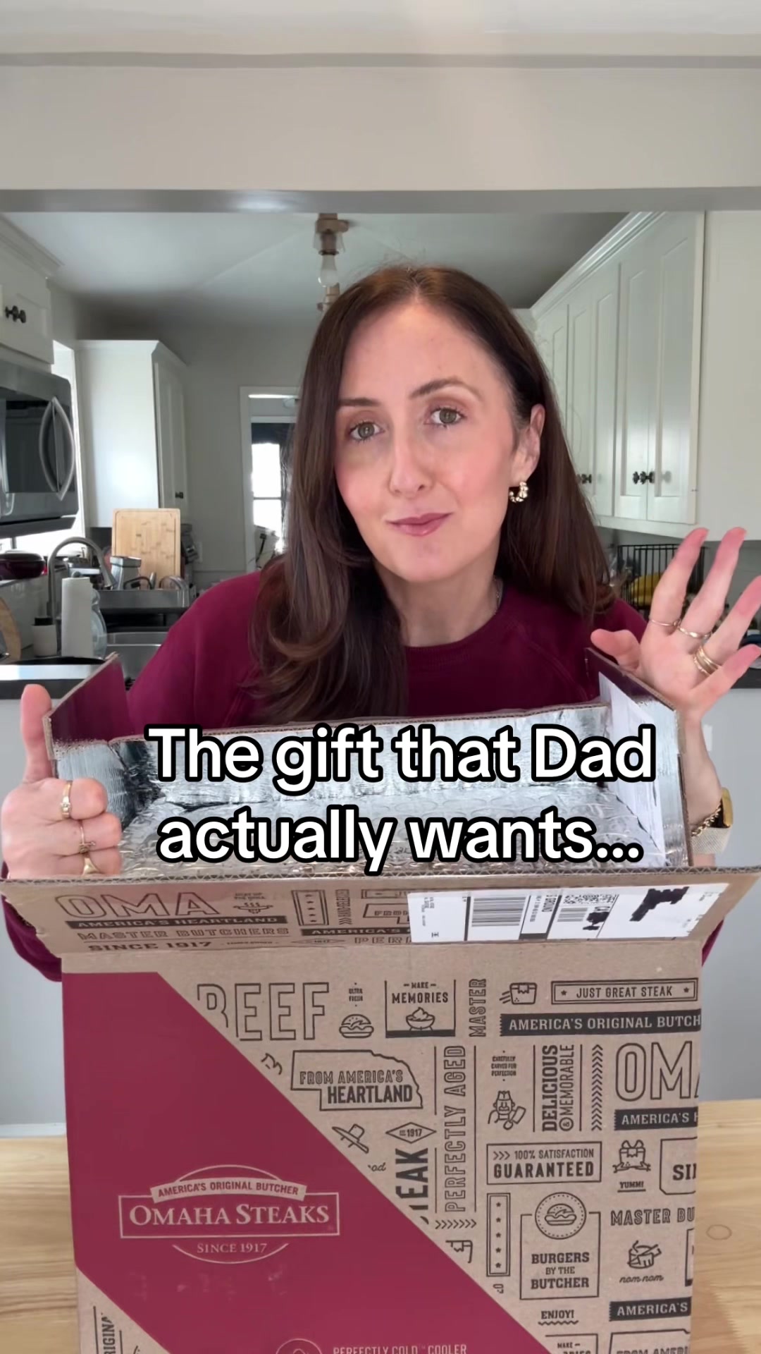 TikTok post by @ainttooproudtomeg for Omaha Steaks. Caption reads: @Omaha Steaks FTW this Father's Day. 🥩 Dads want....