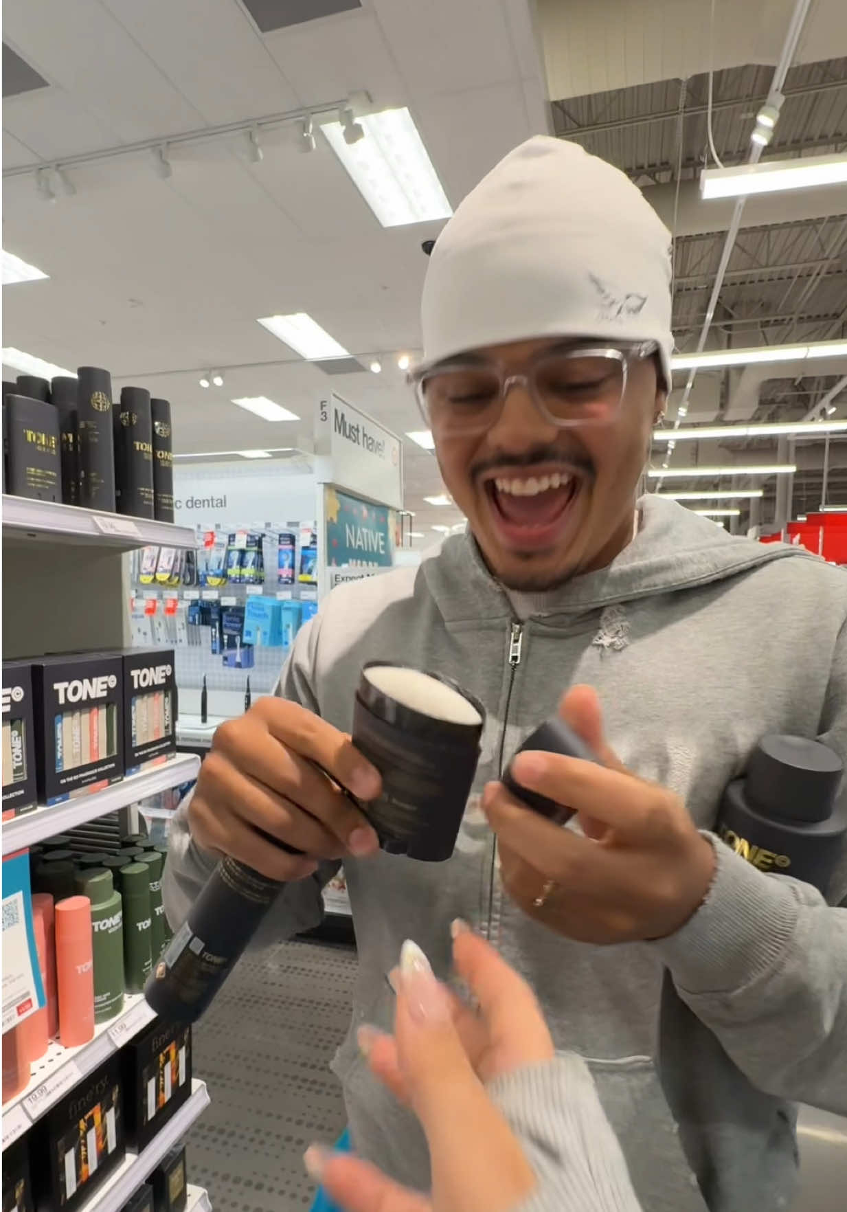 TikTok post by @doveclubb for TONE by AMP. Caption reads: He was more excited than me 🤣🤣 @TONE EXCLUSIVE....