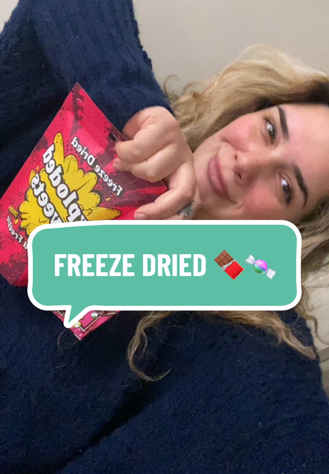 TikTok post by @kandy_kitty87 for Exploded Sweets. Caption reads: Delicious 😍🍫🍬 #freezedriedsweets....