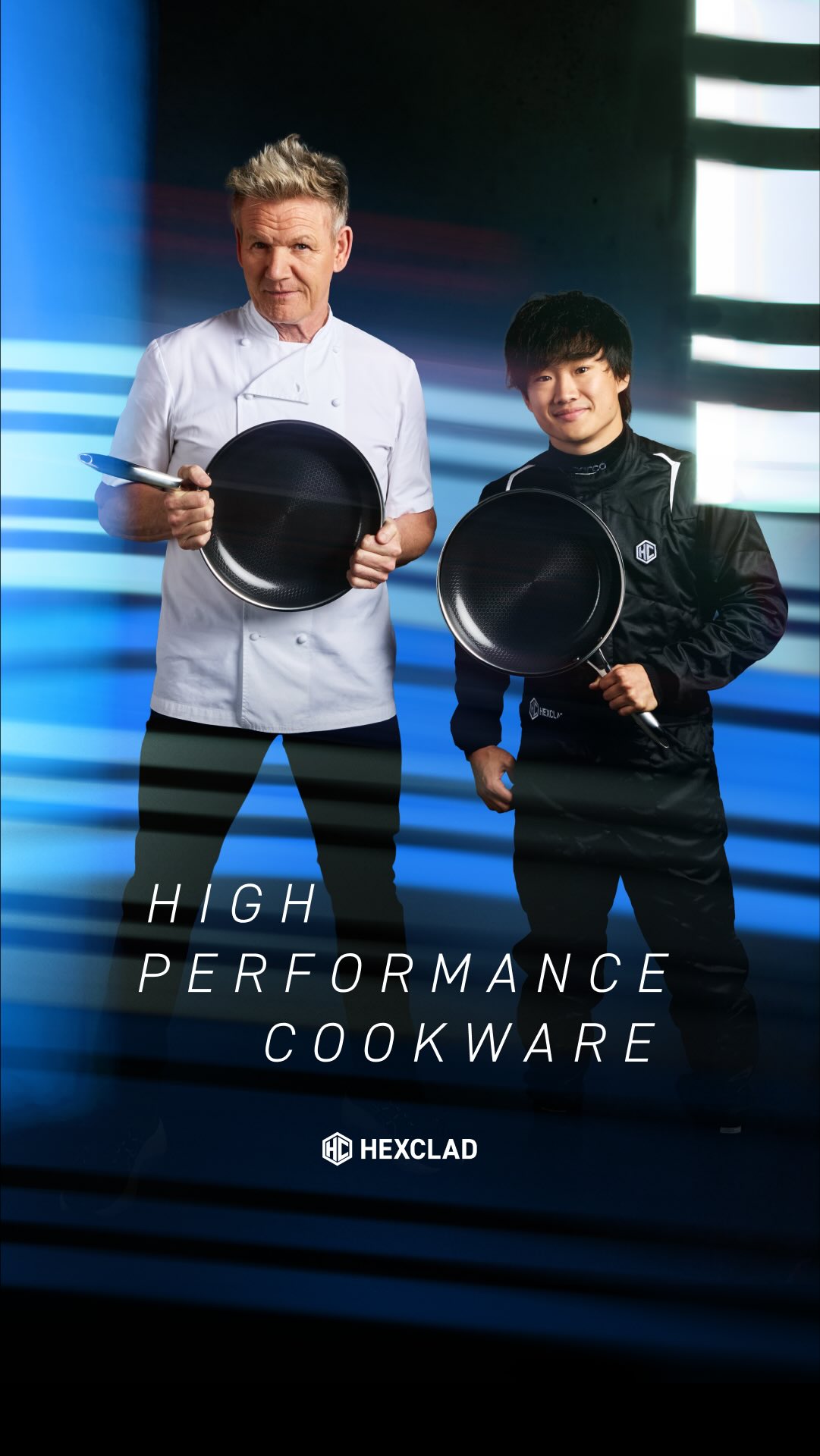 Instagram post by @gordongram for HexClad. Caption reads: from the track to the kitchen, i always want high....