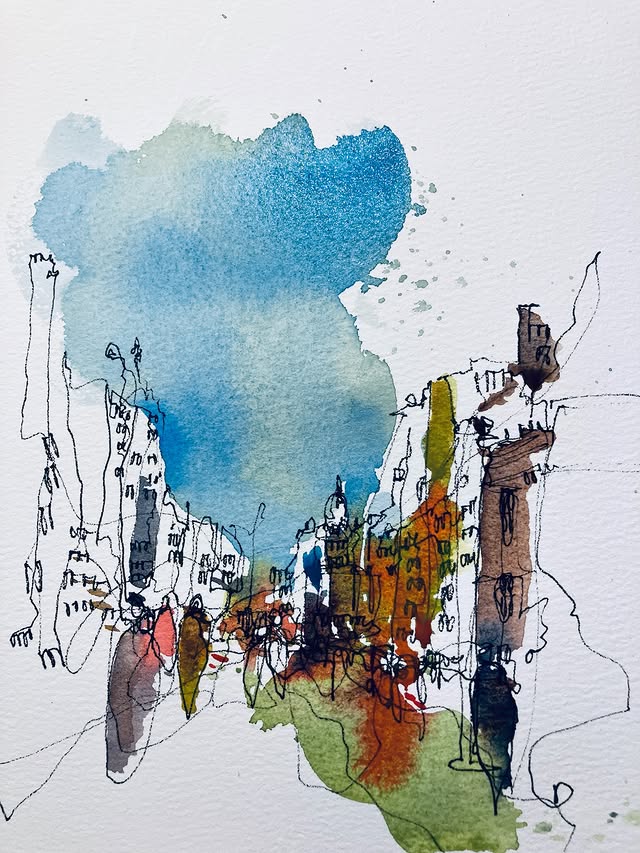 Instagram post by @ennkaydraw for MEEDEN ART. Caption reads: [...] #lineandwashwatercolor #neilwhitehead....