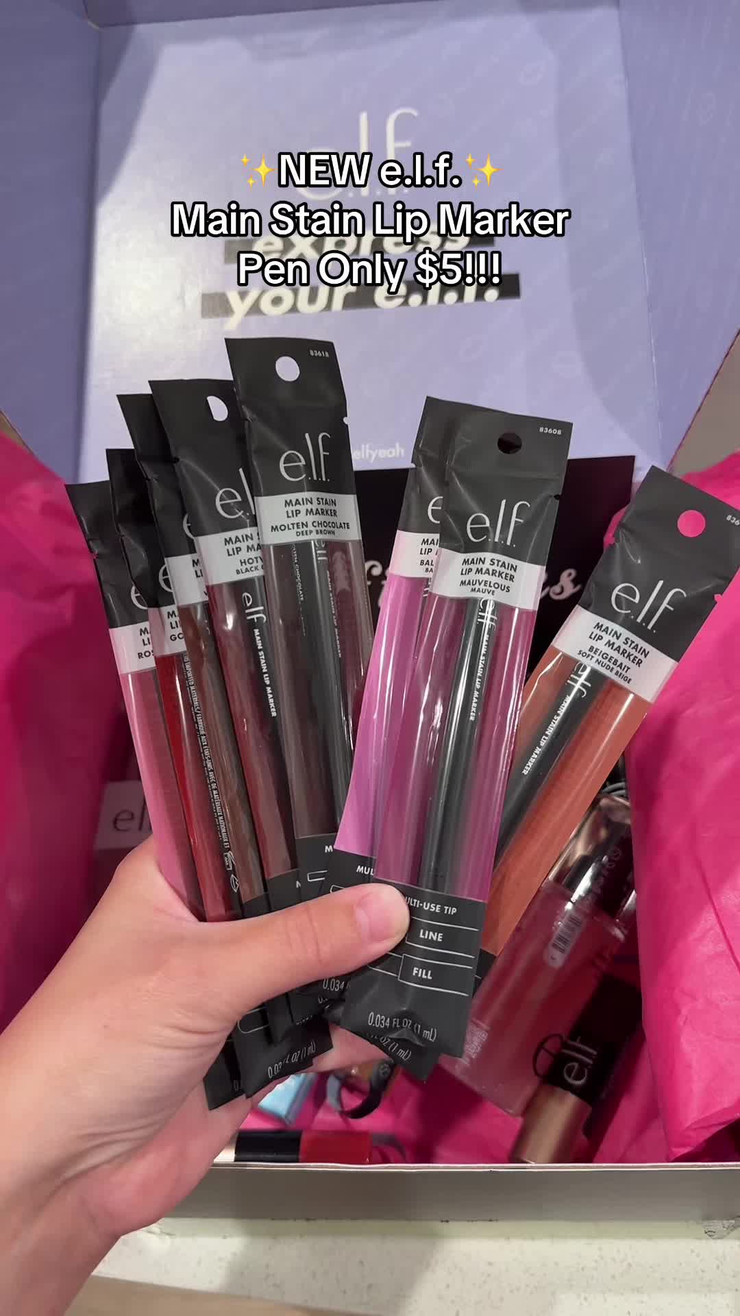 TikTok post by @daniellamagee for e.l.f. Cosmetics. Caption reads: Brand new @e.l.f. Cosmetics main stain lip marker....