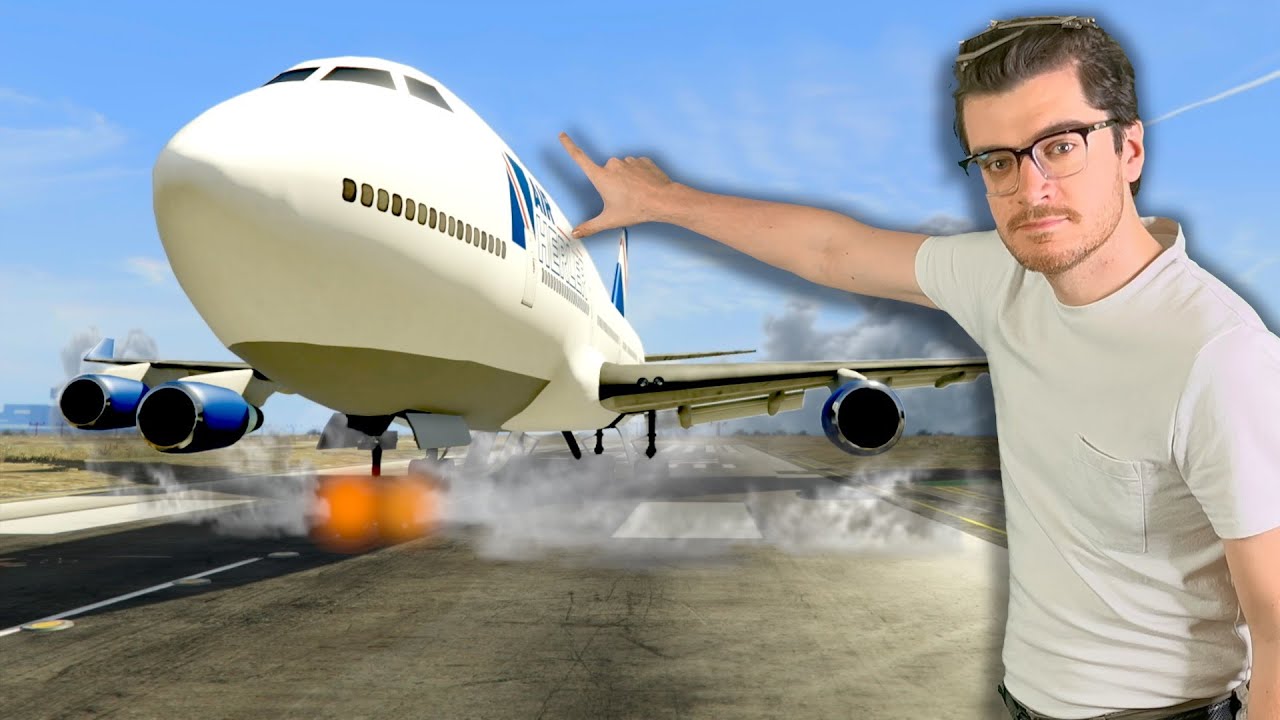 YouTube post by @any_austin for Rocket Money. Caption reads: Can a 747 Actually Land in GTA5?.