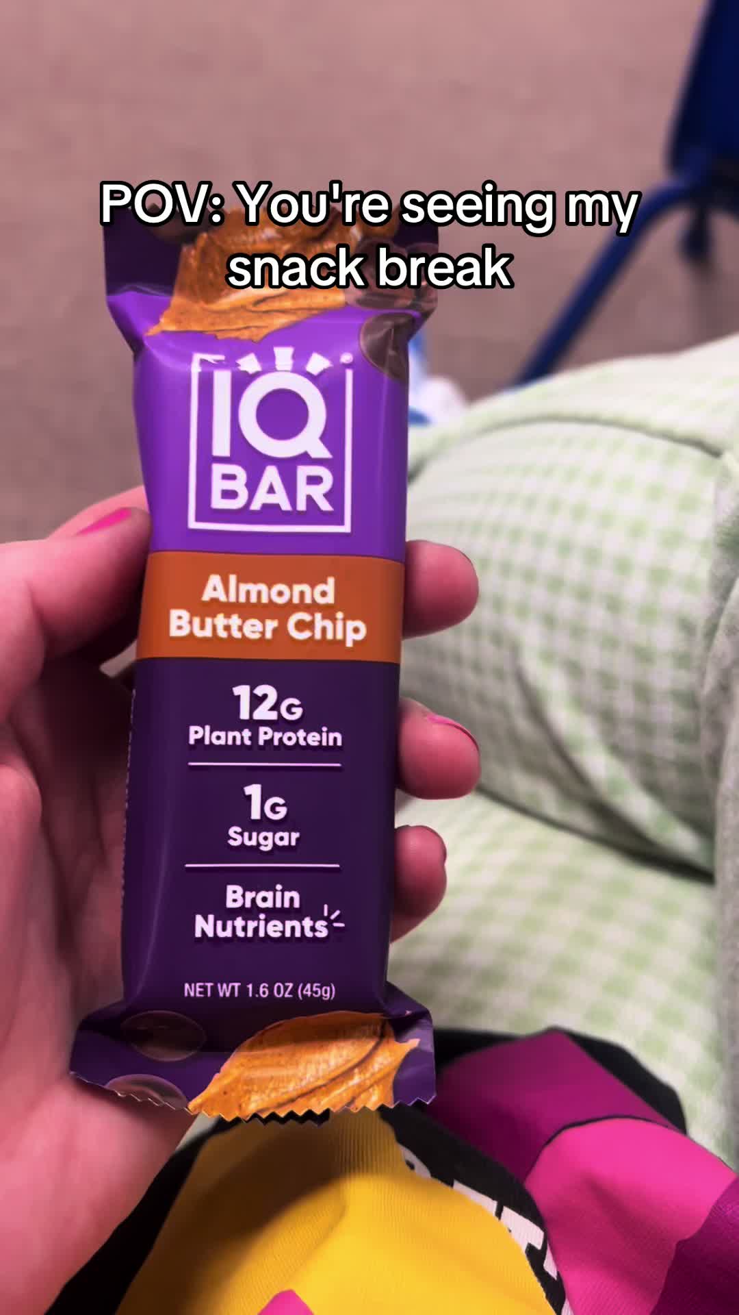 TikTok post by @jessica_w32 for IQBAR. Caption reads: [...] a snacky snack and these bars from @SHOP....