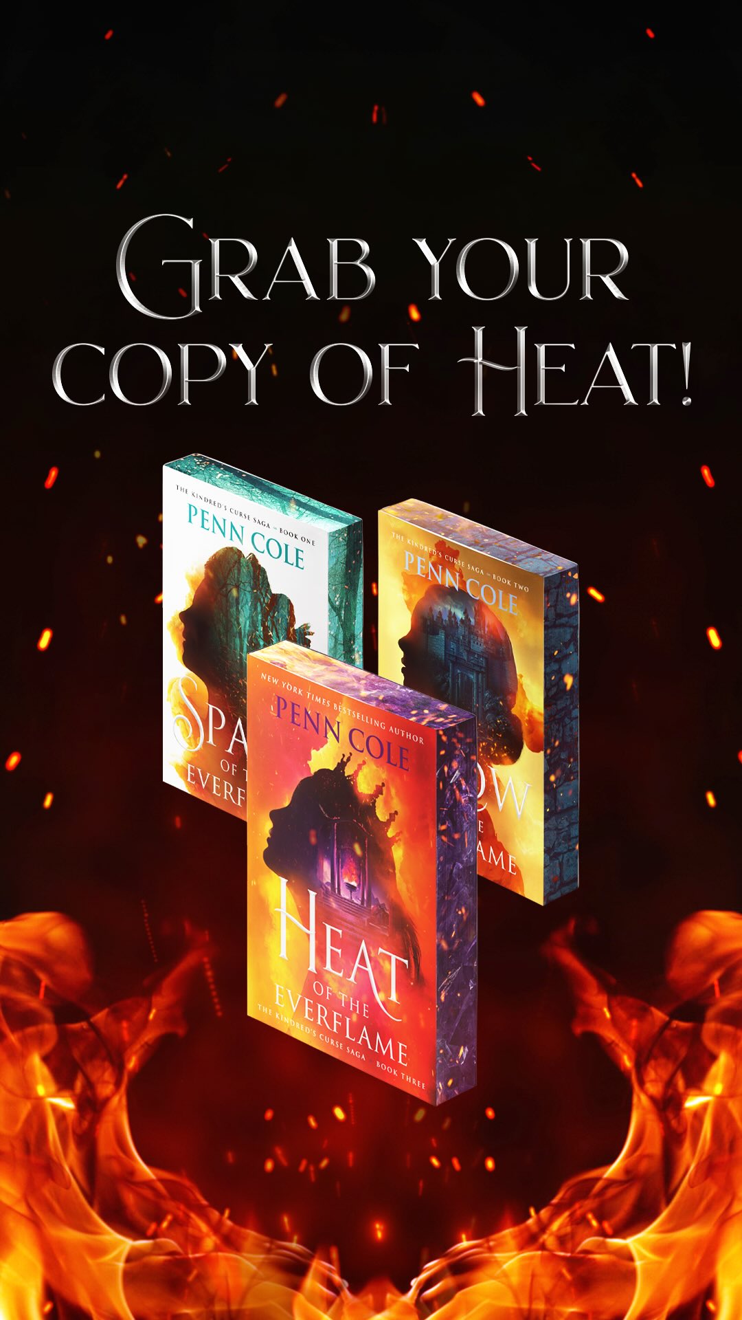 Instagram post by @authorpenncole for Atria Books. Caption reads: 🔥🔥OUT TODAY🔥🔥
Heat of the Everflame is finally....