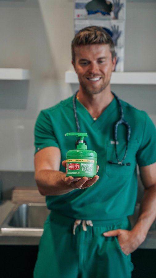 Instagram post by @jakegrez for O’Keeffe’s Company. Caption reads: 💡Nurses, we all know the struggle—constant hand....