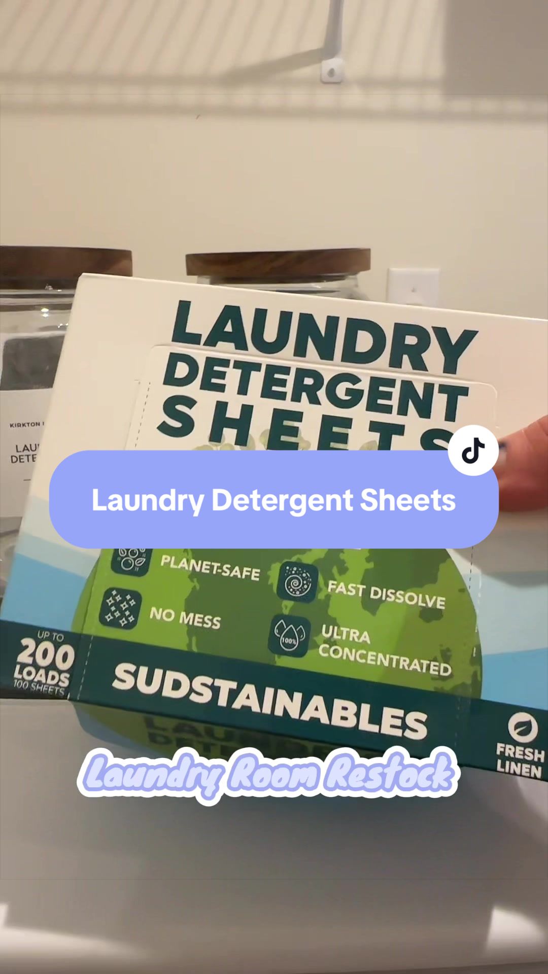 TikTok post by @xo.simplychels for Sudstainables. Caption reads: [...] my laundry supplies with me 🫧....