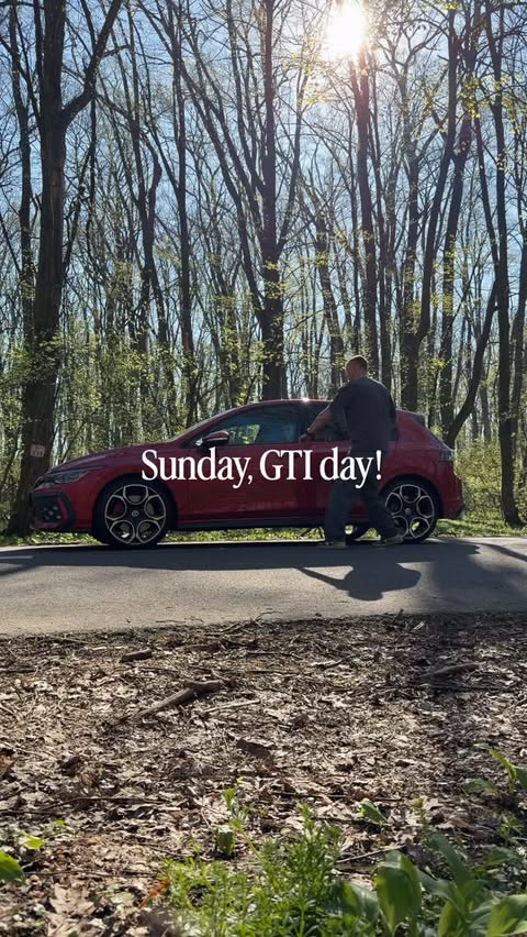 Instagram post by @bratudor for Volkswagen. Caption reads: Sunday, VW Golf GTI, funday. 2026 - 50 years of....