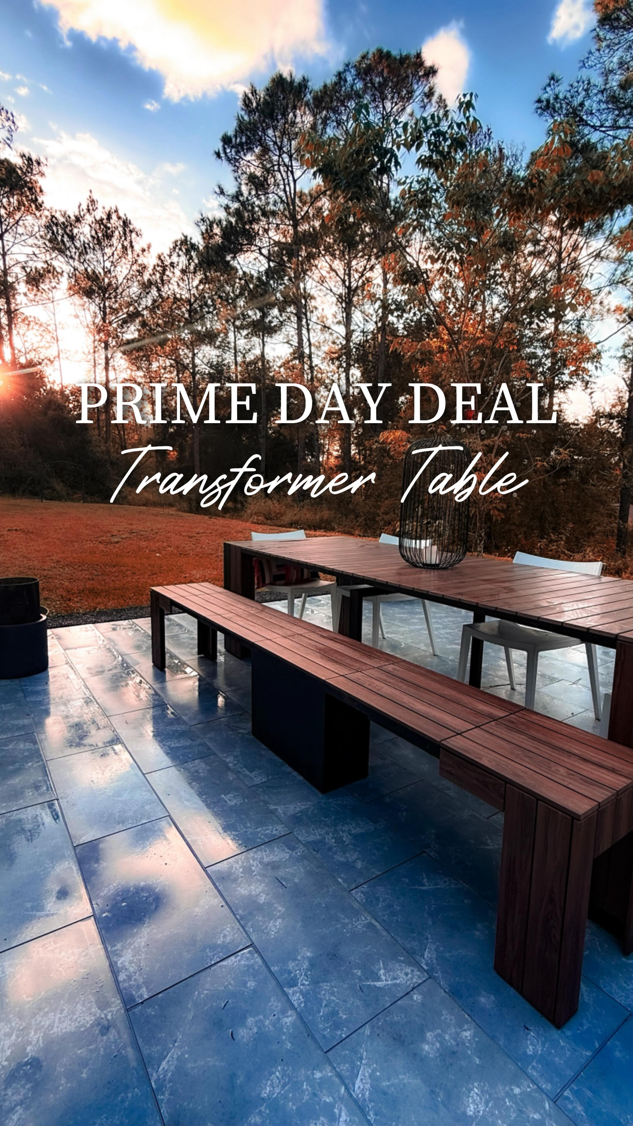 Instagram post by @beesnburlap for Transformer Table. Caption reads: 🚨 PRIME DAY TRANSFORMATION 🚨
From this ➝ to....