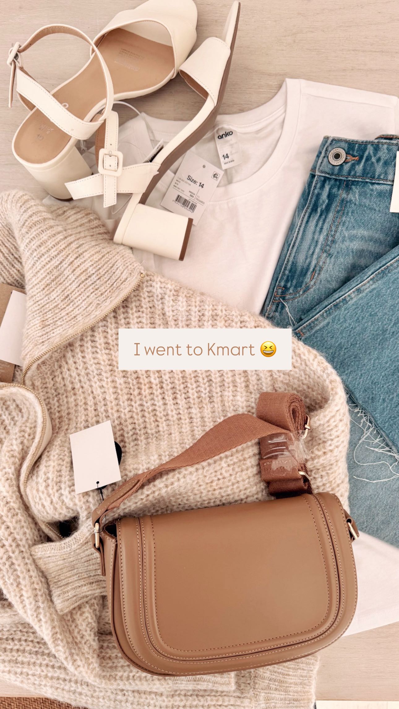 Instagram post by @sueshomefinds for Kmart. Caption reads: Let’s put a Kmart outfit together for around....