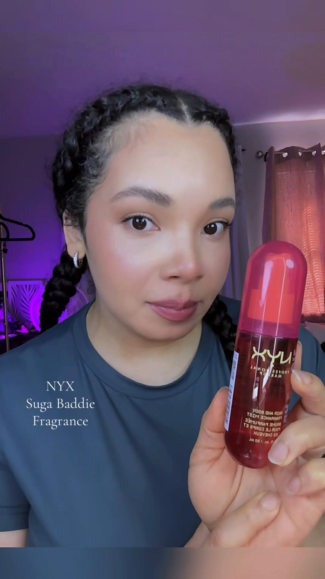 TikTok post by @cardis.ego for NYX Professional Makeup HR. Caption reads: “NEW Arrival” Suga Baddie Hair and Body Fragrance....