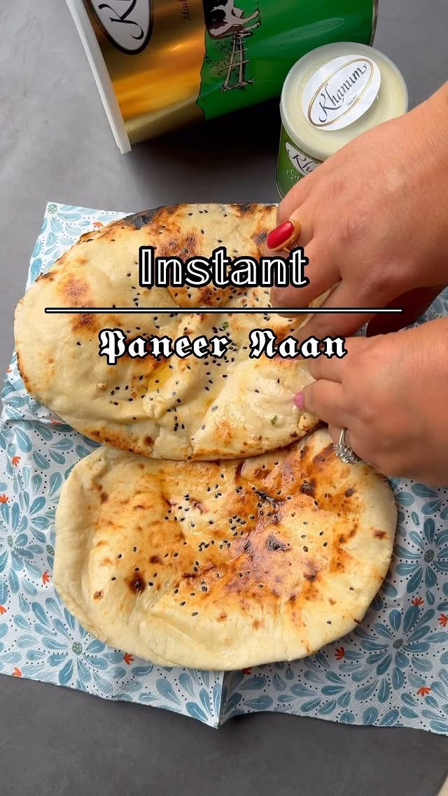 Instagram post by @yourfoodfantasy for Khanum's. Caption reads: Paneer Stuffed Naan 💫 Recipe pinned in comment.....