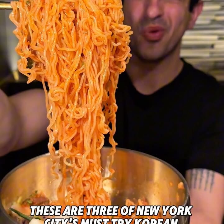 Instagram post by @thegrubfather for Nongshim USA. Caption reads: ❗️THREE MUST TRY NYC KOREAN RESTAURANTS 🇰🇷....