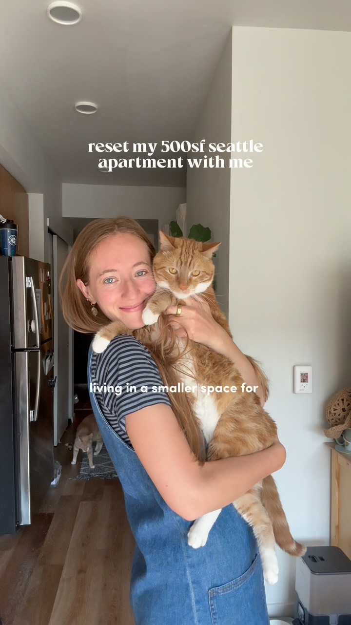 Instagram post by @servedbysara for PrettyLitter. Caption reads: reset my 500sf seattle apartment with me featuring....