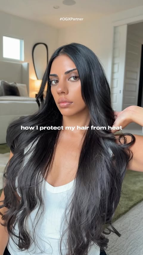Instagram post by @sanagilani for OGX Beauty. Caption reads: #OGXPartner if I’m using heat, I’m protecting my....