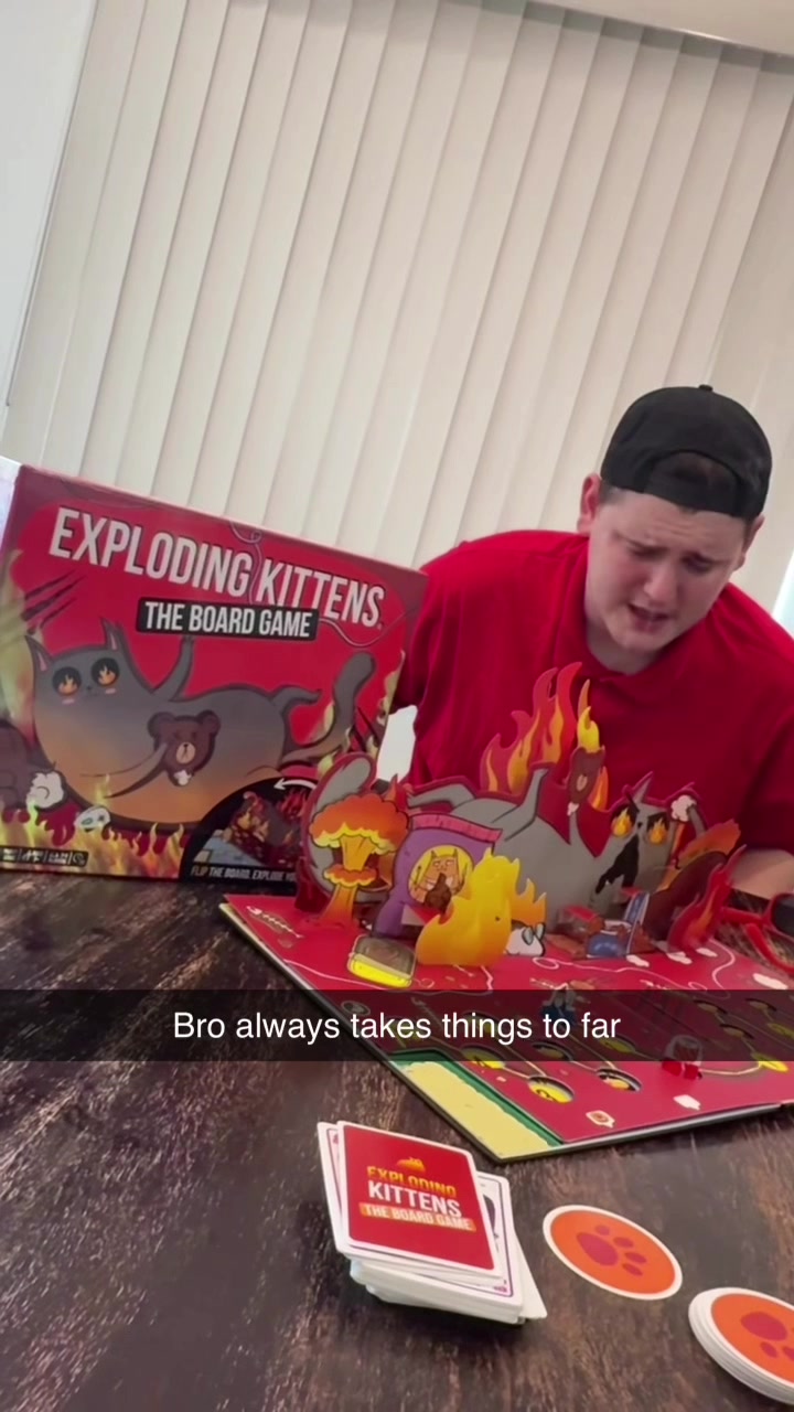 TikTok post by @mydaddysteve for Exploding Kittens. Caption reads: Gotta find someone else to play Exploding Kittens....