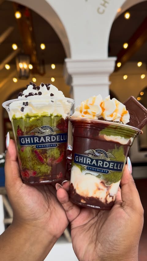 Instagram post by @latinafoodiela for Ghirardelli Chocolate Company. Caption reads: @ghirardelli NEW Dubai Style Chocolate desserts in....