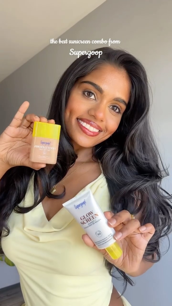 Instagram post by @sanjanaagutha for Supergoop. Caption reads: #ad This is the literal definition of “your skin....