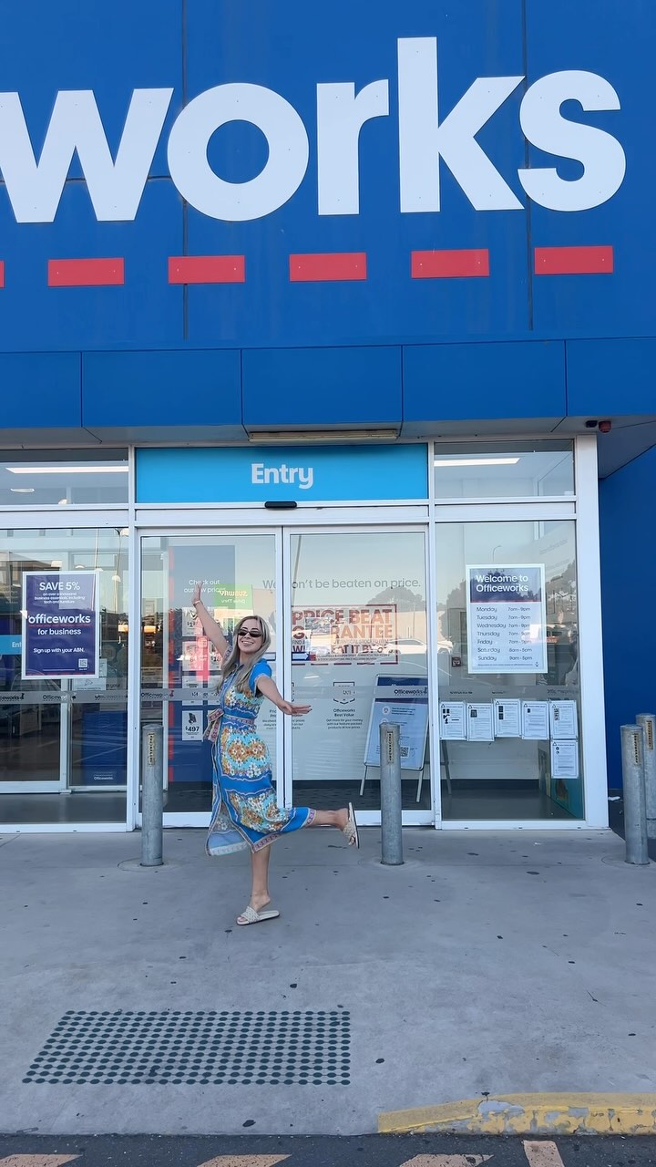 Instagram post by @littlemissbrightt for Officeworks. Caption reads: Come EOFY shopping with me at @officeworks ✏️💫....