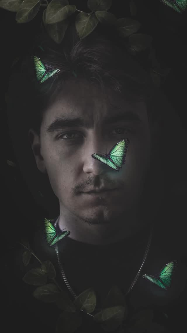 Instagram post by @griggen_ for Picsart. Caption reads: Dark Butterflies 🦋 Creative Portrait Idea....