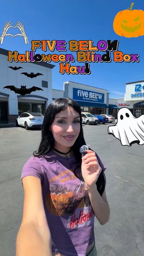 Instagram post by @thehayleejoe for Five Below. Caption reads: Five Below Halloween Blind Box Haul👻✨🖤 [...].
